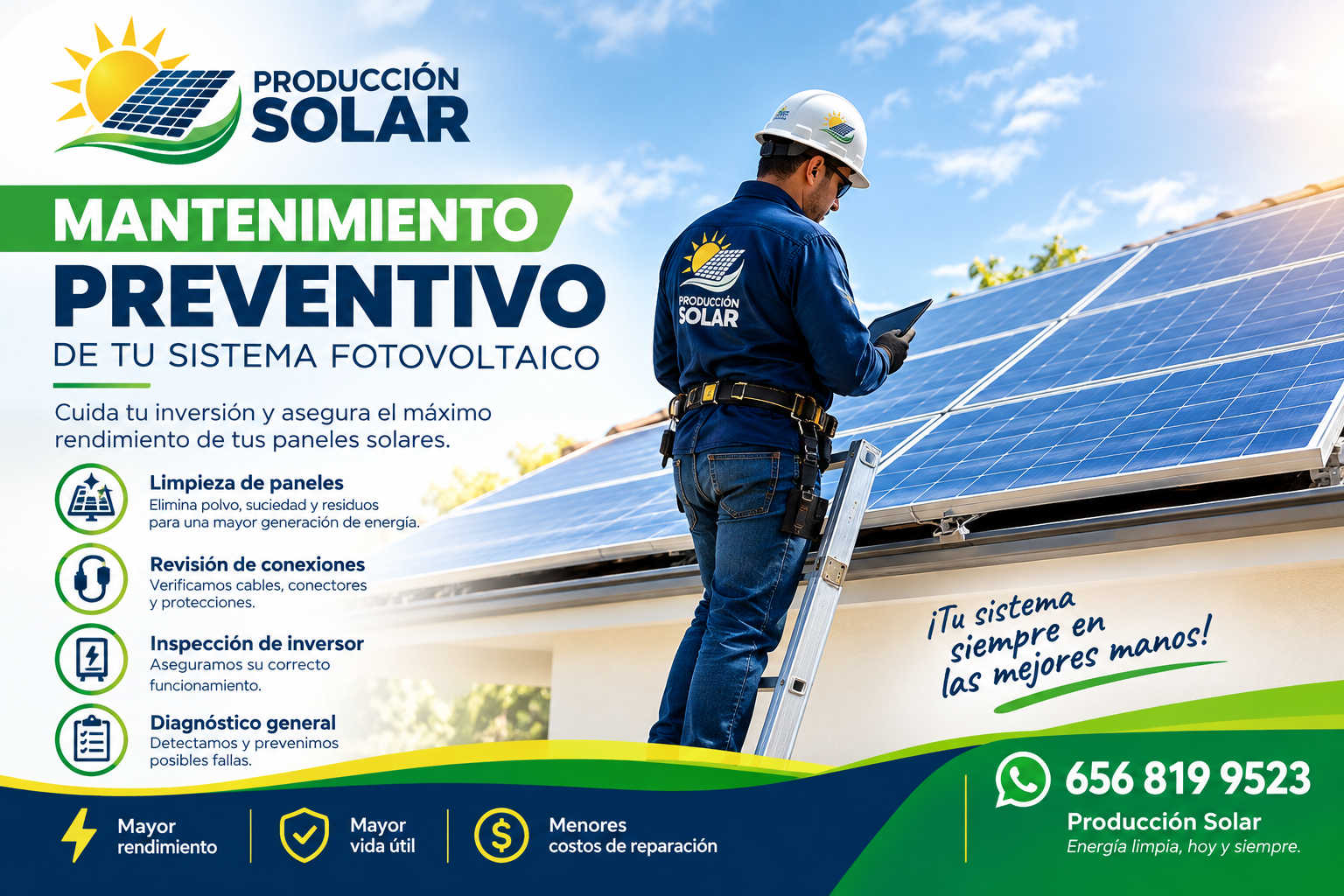 Mantenimiento preventivo de tu sistema fotovoltaico: limpieza de paneles, revisión de conexiones, inspección de inversor y diagnóstico general — Producción Solar, 656 819 9523