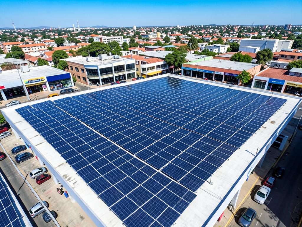 Vista aérea de paneles solares en el techo de una plaza comercial