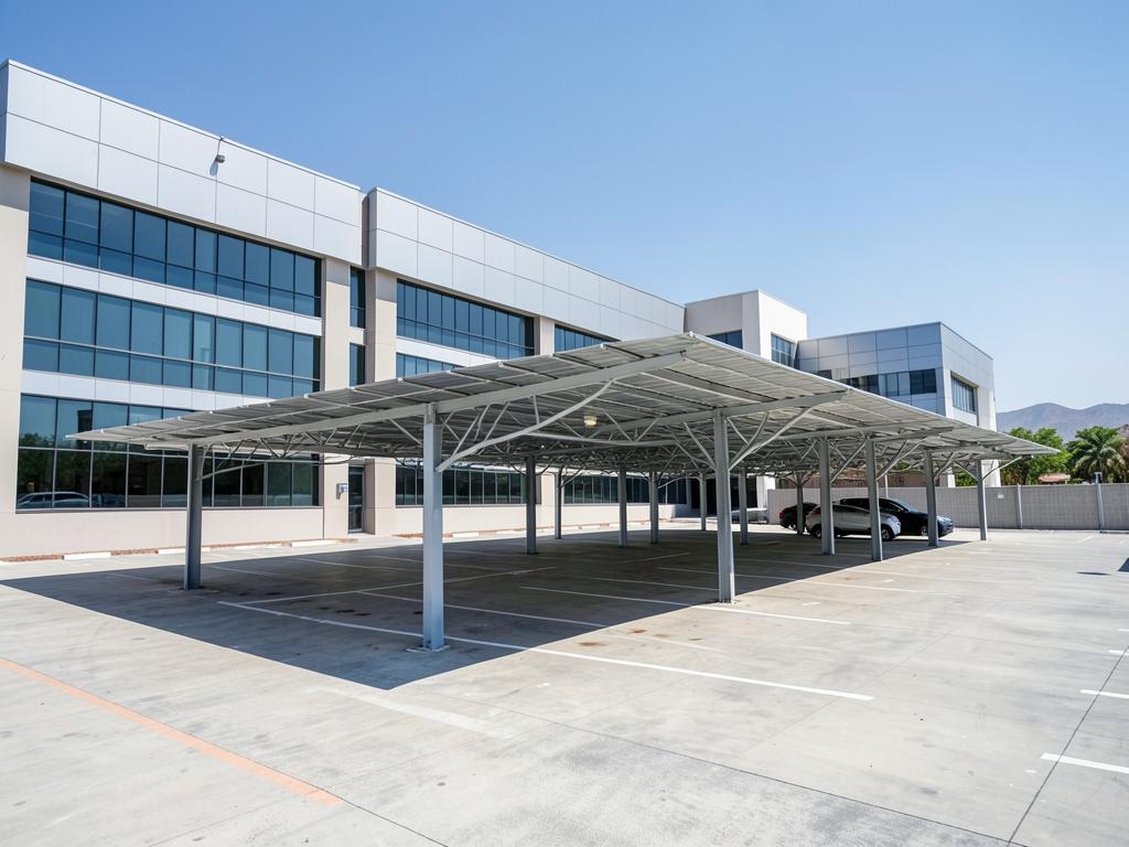 Estructura de paneles solares sobre estacionamiento de edificio de oficinas