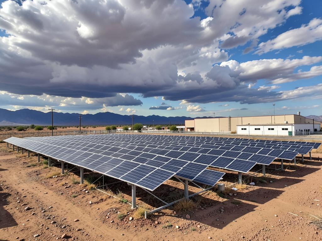 Paneles solares montados en suelo junto a una planta industrial en el desierto