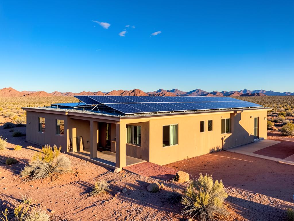 Paneles solares instalados en el techo de una casa habitación en el desierto