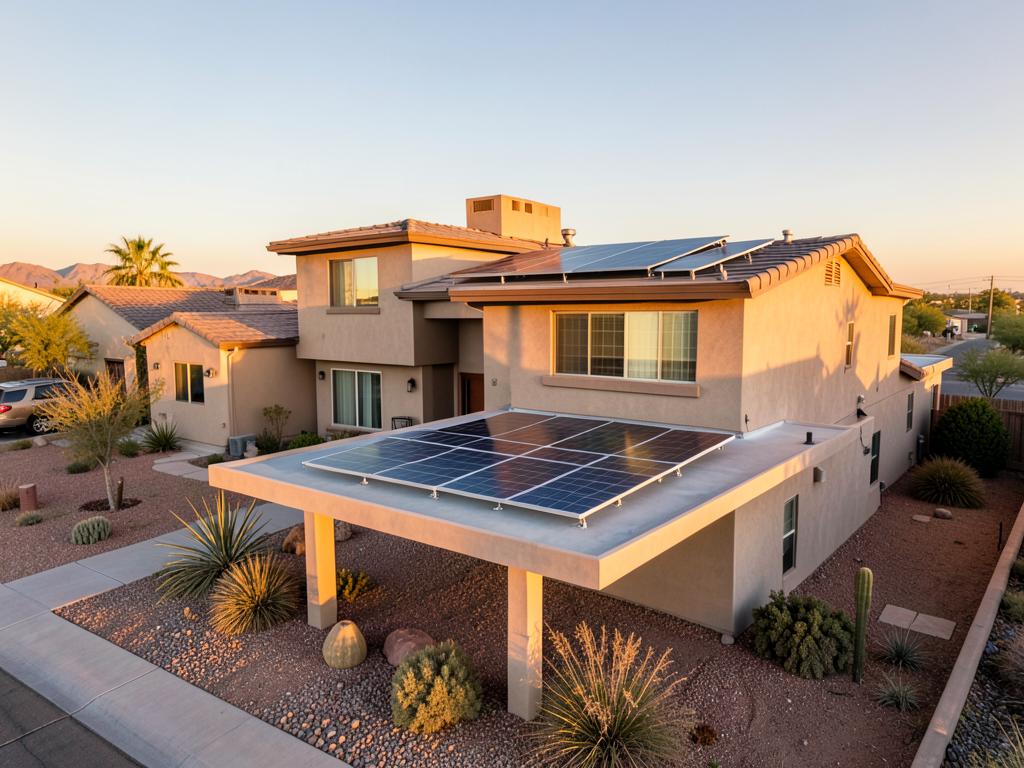 Paneles solares en cochera y techo de una residencia de dos pisos